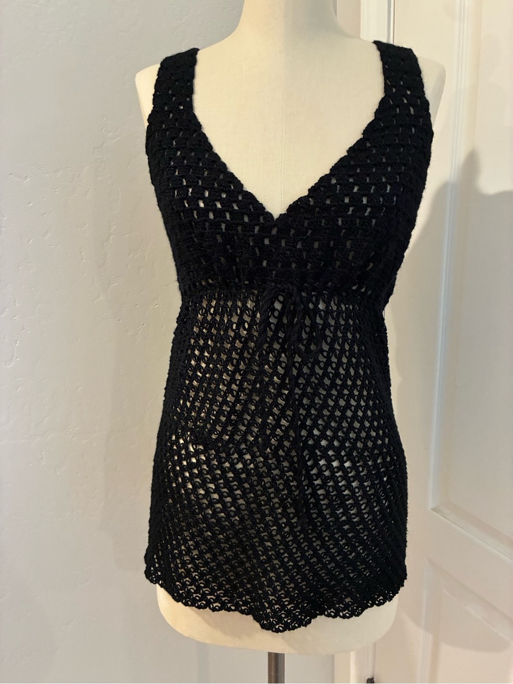 Black Crochet Lace Chemise with V-Neck and Tie Waist